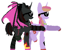 Size: 199x161 | Tagged: safe, artist:jerrtato, oc, oc only, oc:glitter shine (ice1517), oc:night rose (ice1517), alicorn, bat pony, bat pony alicorn, pony, unicorn, alicorn oc, animated, deal with it, duo, female, gif, mare, piercing, simple background, sunglasses, tattoo, transparent background, unshorn fetlocks, walking, wing piercing