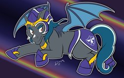 Size: 1023x647 | Tagged: safe, artist:creativecarpetshark, artist:doctordook, artist:dookferret, oc, oc only, oc:icarus the lunar guard, armor, bat wings, male, night guard, solo, stallion, telegram, telegram sticker