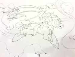 Size: 3692x2796 | Tagged: safe, oc, oc only, oc:icarus the lunar guard, bat pony, armor, bat pony oc, bat wings, cloud, cloudy, commission, convention art, flying, high res, male, monochrome, night, night guard, night sky, sky, speed lines, stallion