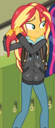 Size: 393x906 | Tagged: safe, screencap, sunset shimmer, equestria girls, g4, monday blues, my little pony equestria girls: summertime shorts, clothes, cropped, hoodie, offscreen character, solo focus, wet, wet hair