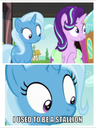 Size: 585x772 | Tagged: safe, edit, edited screencap, screencap, starlight glimmer, trixie, all bottled up, g4, caption, coming out, eyes on the prize, female, image macro, implications, implied transgender, lesbian, looking at butt, meme, out of context, ship:startrix, shipping, trans female, trans trixie, transgender