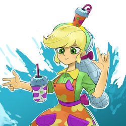 Size: 1000x1000 | Tagged: safe, artist:bojack_mlplove, applejack, equestria girls, g4, my little pony equestria girls: summertime shorts, shake things up!, apron, clothes, drink, female, looking at you, solo, straw