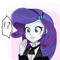 Size: 1000x1000 | Tagged: safe, artist:bojack_mlplove, rarity, equestria girls, g4, clothes, exclamation point, female, hairpin, interrobang, looking at you, question mark, simple background, solo, suit, surprised