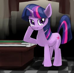 Size: 1000x980 | Tagged: safe, artist:bojack_mlplove, twilight sparkle, pony, unicorn, g4, female, looking at you, mare, pool table