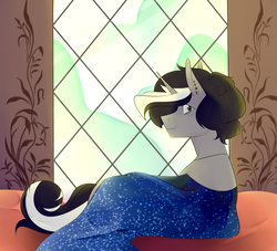 Size: 3507x3188 | Tagged: safe, artist:soup-pup, artist:souppup, oc, oc only, pony, unicorn, clothes, dress, evening dress, high res, morning ponies, prone, solo, ych result