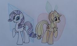 Size: 2048x1228 | Tagged: safe, artist:thr3eguess3s, applejack, rarity, pony, g4, traditional art