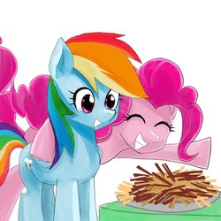 Size: 1000x1000 | Tagged: safe, artist:bojack_mlplove, pinkie pie, rainbow dash, earth pony, pegasus, pony, g4, duo, female, food, french fries, hay fries, simple background, smiling, white background
