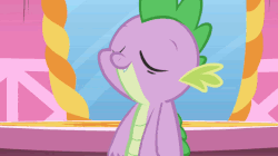 Size: 580x324 | Tagged: safe, edit, edited screencap, screencap, spike, dragon, friendship is magic, g4, season 1, animated, baby, baby dragon, green eyes, lidded eyes, open mouth, open smile, out of context, purple scales, purple skin, slit pupils, smiling