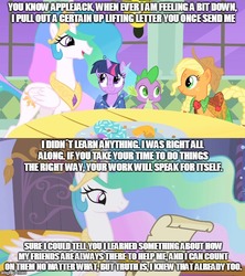 Size: 500x562 | Tagged: safe, edit, edited screencap, screencap, applejack, princess celestia, spike, twilight sparkle, g4, the best night ever, the super speedy cider squeezy 6000, celestia's letter, clothes, dress, gala dress, i didn't learn anything, messy mane, uplifting