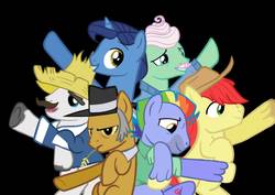 Size: 1414x1000 | Tagged: safe, artist:artemanuela, bow hothoof, bright mac, gentle breeze, hondo flanks, igneous rock pie, night light, earth pony, pegasus, pony, unicorn, g4, black background, dad six, facial hair, hat, male, moustache, simple background, stallion