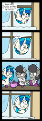 Size: 1217x3445 | Tagged: safe, artist:bobthedalek, dj pon-3, octavia melody, vinyl scratch, oc, oc:mixed melody, oc:octavia's mother, earth pony, pony, unicorn, g4, bathrobe, bed mane, clothes, comic, cup, octavia is not amused, oh crap face, robe, snow, sudden realization, teacup, teapot, this will end in intensive mothering, unamused, window