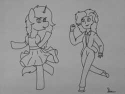 Size: 1600x1200 | Tagged: safe, artist:calibykitty, oc, oc:midnight, oc:midnight specter, alicorn, human, pony, alicorn oc, bowtie, clothes, dancing, dress, duo, female, lineart, mare, self insert, shoes, sketch, suit, traditional art