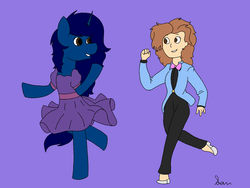 Size: 1600x1200 | Tagged: safe, artist:calibykitty, artist:icicle-niceicle-1517, oc, oc:midnight, oc:midnight specter, alicorn, human, pony, alicorn oc, bowtie, clothes, colored, dancing, dress, duo, female, mare, purple background, self insert, shoes, simple background, suit