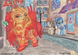 Size: 3481x2435 | Tagged: safe, artist:magnifsunspiration, pegasus olsen, peggy holstein, waxton, oc, oc:sunny phoenixwing, butterfly, pegasus, pony, city, clothes, distracted boyfriend meme, female, high res, male, mare, outdoors, shop, stallion, sunglasses, traditional art
