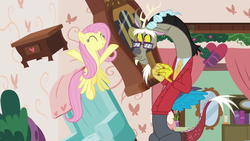 Size: 1280x720 | Tagged: safe, screencap, discord, fluttershy, pony, discordant harmony, g4, clock, clothes, couch, flying, glasses, sweater