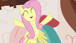 Size: 1280x720 | Tagged: safe, screencap, fluttershy, pegasus, pony, discordant harmony, g4, cute, eyes closed, female, mare, open mouth, shyabetes, smiling, solo