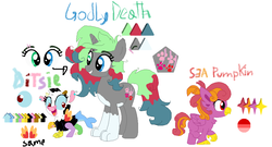 Size: 1012x545 | Tagged: safe, artist:latiapainting, oc, oc:ditsie, oc:godly death, oc:sea pumpinkin, draconequus, hippogriff, wolf pony, baby, chest fluff, female, filly, heterochromia, mare, reference sheet, scar, simple background, trio, white background