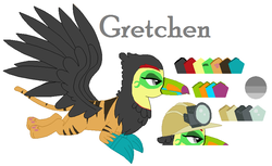Size: 841x514 | Tagged: safe, artist:latiapainting, oc, oc only, oc:gretchen, big cat, bird, griffon, keel-billed toucan, tiger, tiger griffon, toucan, toucan griffon, chest fluff, flying, griffon oc, miner, reference sheet, simple background, solo, white background