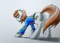 Size: 980x700 | Tagged: safe, artist:vaser888, oc, oc only, oc:littlepip, pony, unicorn, fallout equestria, butt, clothes, cutie mark, dock, fanfic, fanfic art, female, hooves, horn, jumpsuit, mare, pipbuck, pipbutt, plot, simple background, solo, traditional art, vault suit