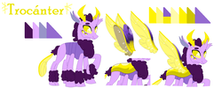 Size: 1387x555 | Tagged: safe, artist:latiapainting, oc, oc only, oc:troncanter, changedling, changeling, spider, changedling oc, changeling oc, fluffy, horns, raised hoof, reference sheet, reformed, simple background, solo, white background
