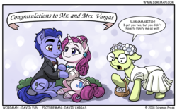 Size: 775x485 | Tagged: safe, artist:david vargas, artist:latecustomer, oc, oc only, oc:scribbles, oc:white diamonds, earth pony, pony, unicorn, comic, couple, female, male, mare, marriage, stallion, straight, webcomic