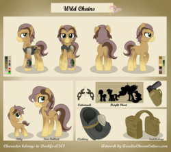 Size: 5400x4801 | Tagged: safe, artist:raspberrystudios, oc, oc only, oc:wild chains, fallout equestria, absurd resolution, commission, gun, reference sheet, saddle bag, weapon