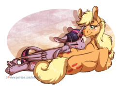 Size: 1024x749 | Tagged: safe, artist:inuhoshi-to-darkpen, applejack, twilight sparkle, alicorn, earth pony, pony, g4, abstract background, blushing, cuddling, female, horn, lesbian, mare, pony pillow, ship:twijack, shipping, simple background, sleeping, smiling, transparent background, twilight sparkle (alicorn), unshorn fetlocks, wings