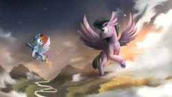 Size: 4000x2250 | Tagged: safe, artist:blackligerth, rainbow dash, silverstream, classical hippogriff, hippogriff, pegasus, pony, g4, school daze, chromatic aberration, cloud, female, jewelry, looking back, mare, necklace, smiling