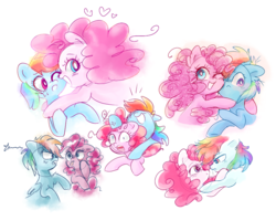 Size: 996x798 | Tagged: safe, artist:pinkablue, pinkie pie, rainbow dash, earth pony, pegasus, pony, g4, blushing, cute, female, heart, lesbian, looking at you, mare, noogie, one eye closed, raspberry, ship:pinkiedash, shipping, simple background, snuggling, vein bulge, white background