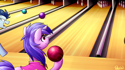 Size: 3840x2160 | Tagged: safe, artist:rubywave32, sea swirl, seafoam, pegasus, pony, unicorn, g4, angry, bowling alley, bowling ball, bowling pin, clothes, commission, dexterous hooves, female, glare, high res, hoof hold, male, mare, open mouth, shirt, smiling, stallion, tongue out, underhoof, yelling