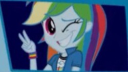 Size: 1024x579 | Tagged: safe, screencap, rainbow dash, equestria girls, g4, my little pony equestria girls: legend of everfree, cropped, cute, dashabetes, female, needs more jpeg, one eye closed, peace sign, wink