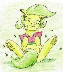 Size: 2104x2399 | Tagged: safe, artist:40kponyguy, derpibooru exclusive, oc, oc only, oc:sandia splash, pony, ear fluff, eating, eyes closed, floppy ears, food, grass, happy, herbivore, high res, requested art, solo, traditional art, underhoof, watermelon