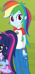 Size: 366x768 | Tagged: safe, screencap, rainbow dash, sci-twi, twilight sparkle, equestria girls, g4, my little pony equestria girls: legend of everfree, camp everfree outfits, clothes, cropped, crossed arms, cute, dashabetes, female, glasses, hips, pants, shorts, wristband