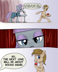 Size: 1500x1843 | Tagged: safe, artist:xbi, maud pie, earth pony, pony, g4, 30 minute art challenge, comic, dialogue, food, joke, microphone, stand-up comedy, sweat, tomato