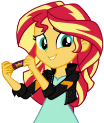 Size: 756x897 | Tagged: safe, artist:thebarsection, sunset shimmer, equestria girls, equestria girls specials, g4, my little pony equestria girls: movie magic, clothes, female, jacket, leather jacket, shirt, simple background, smiling, solo, transparent background, wrapper