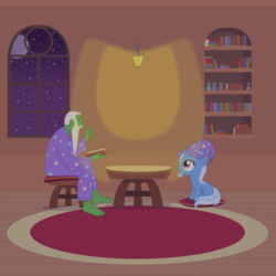 Size: 1000x1000 | Tagged: safe, artist:bradleyeighth, trixie, oc, oc:anon, pony, unicorn, g4, anonymous, author:8th-sin, book, comforting, cute, diatrixes, female, filly, night, older, reading, simple background, sitting, vector