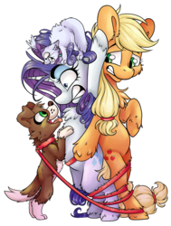Size: 3749x4961 | Tagged: safe, artist:cutepencilcase, applejack, opalescence, rarity, winona, cat, dog, earth pony, pony, unicorn, g4, bipedal, bondage, bound together, cute, female, fluffy, horn, leash, mare, silly, silly pony, simple background, standing, tangled up, tied up, transparent background, unsexy bondage