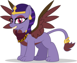 Size: 1024x843 | Tagged: safe, artist:mlp-trailgrazer, oc, oc only, oc:ulaghai, sphinx, bandage, clothes, derail in the comments, female, looking at you, simple background, solo, sphinx oc, spread wings, tail ring, transparent background, vector, wings