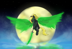 Size: 1538x1045 | Tagged: safe, artist:elusive-paradise, oc, oc only, oc:aalst the blade of society, oc:veen sundown, horse, pegasus, pony, aura, demon hunter, female, flying, glowing eyes, glowing wings, magic, magic sword, majestic, mare, moon, night, ponytail, reflection, sundown clan, sword, water, weapon