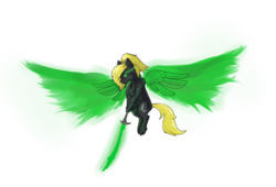 Size: 1538x1045 | Tagged: safe, artist:elusive-paradise, oc, oc only, oc:aalst the blade of society, oc:veen sundown, horse, pegasus, pony, aura, female, flying, glowing eyes, glowing wings, magic, majestic, mare, ponytail, simple background, sundown clan, sword, transparent background, weapon