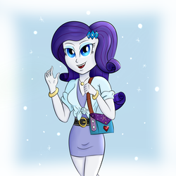 Size: 1500x1500 | Tagged: safe, artist:xethshade, rarity, equestria girls, g4, beautiful, belt, clothes, cute, dress, eyeshadow, female, makeup, purse, simple background, skirt, solo