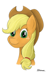 Size: 1100x1700 | Tagged: dead source, safe, artist:afterman, applejack, earth pony, pony, g4, bust, female, hat, looking at you, simple background, smiling, solo, transparent background