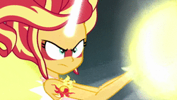 Size: 1920x1080 | Tagged: safe, screencap, sunset shimmer, twilight sparkle, equestria girls, g4, my little pony equestria girls: friendship games, animated, beam struggle, canterlot high, daydream shimmer, defeat, determined, energy blast, female, fight, fighting stance, glowing eyes, glowing horn, glowing wings, horn, ink, laser, magic blast, magical girl, midnight sparkle, no sound, screaming, shocked, webm, wings