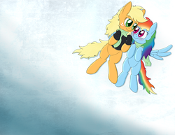 Size: 3850x2975 | Tagged: safe, artist:zaponator, applejack, rainbow dash, g4, bottomless, clothes, duo, female, high res, hoodie, lesbian, partial nudity, scarf, ship:appledash, shipping, wallpaper