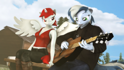 Size: 2980x1677 | Tagged: safe, artist:skyleesfm, oc, oc only, oc:lovers, oc:skye light, alicorn, pegasus, anthro, 3d, blue mane, clothes, guitar, midriff, red mane, sky, source filmmaker