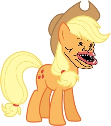 Size: 512x580 | Tagged: safe, edit, applejack, earth pony, pony, g4, /pol/, amerimutt, banter, dirt horse, female, le 56% face, mare, not salmon, simple background, solo, uncanny valley, wat, white background