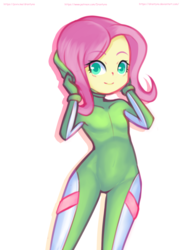 Size: 1152x1584 | Tagged: safe, artist:drantyno, fluttershy, human, equestria girls, g4, breasts, female, hood, hooded wetsuit, looking at you, simple background, small breasts, smiling, solo, wetsuit