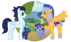 Size: 2013x1195 | Tagged: safe, artist:kittentrash, flash sentry, soarin', oc, oc:ink streak, oc:periwinkle, oc:star swirl, pegasus, pony, unicorn, g4, armor, baby, baby pony, blank flank, colt, female, filly, male, missing cutie mark, mouth hold, offspring, parent:flash sentry, parent:rainbow dash, parent:soarin', parent:twilight sparkle, parents:flashlight, parents:soarindash, simple background, transparent background