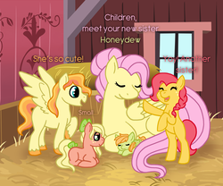 Size: 2581x2151 | Tagged: safe, artist:kittentrash, fluttershy, oc, oc:ambrosia apple, oc:fuzzy peach, oc:honeydew, oc:suncrisp apple, earth pony, pegasus, pony, g4, baby, baby pony, barn, bow, colt, eyes closed, female, filly, fluttermom, hair bow, hair bun, high res, male, newborn, offspring, parent:big macintosh, parent:fluttershy, parents:fluttermac, rearing, spread wings, tail bow, wings