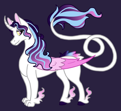 Size: 2468x2256 | Tagged: safe, artist:kittentrash, oc, oc only, oc:legacy sparkle, hybrid, colored wings, curved horn, female, high res, horn, interspecies offspring, long tail, offspring, parent:oc:moondancer, parent:oc:pandora, parents:oc x oc, purple background, simple background, solo